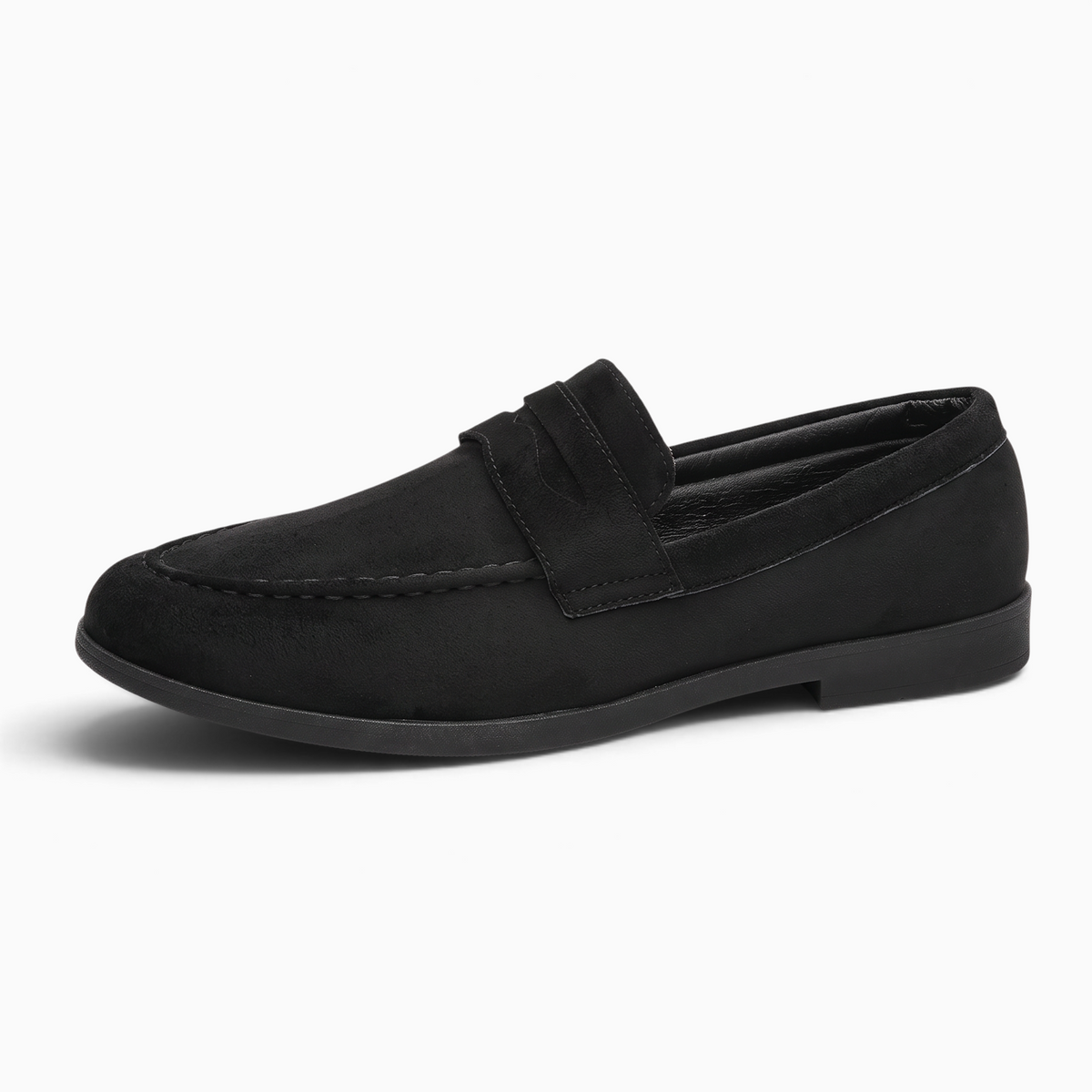 Mocassin Paris homme en daim noir souple, style classique sans lacets avec semelle en caoutchouc pour tenue habillée.