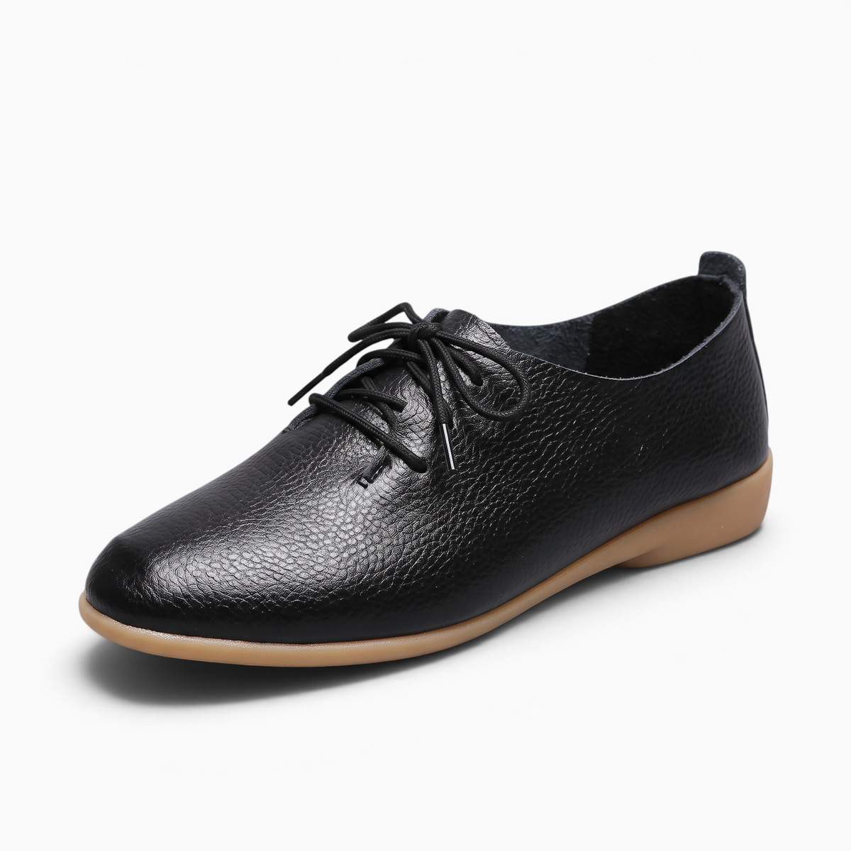 Mocassin femme Mocassin Paris en cuir noir grainé avec bout pointu et lacets sur semelle en caoutchouc beige