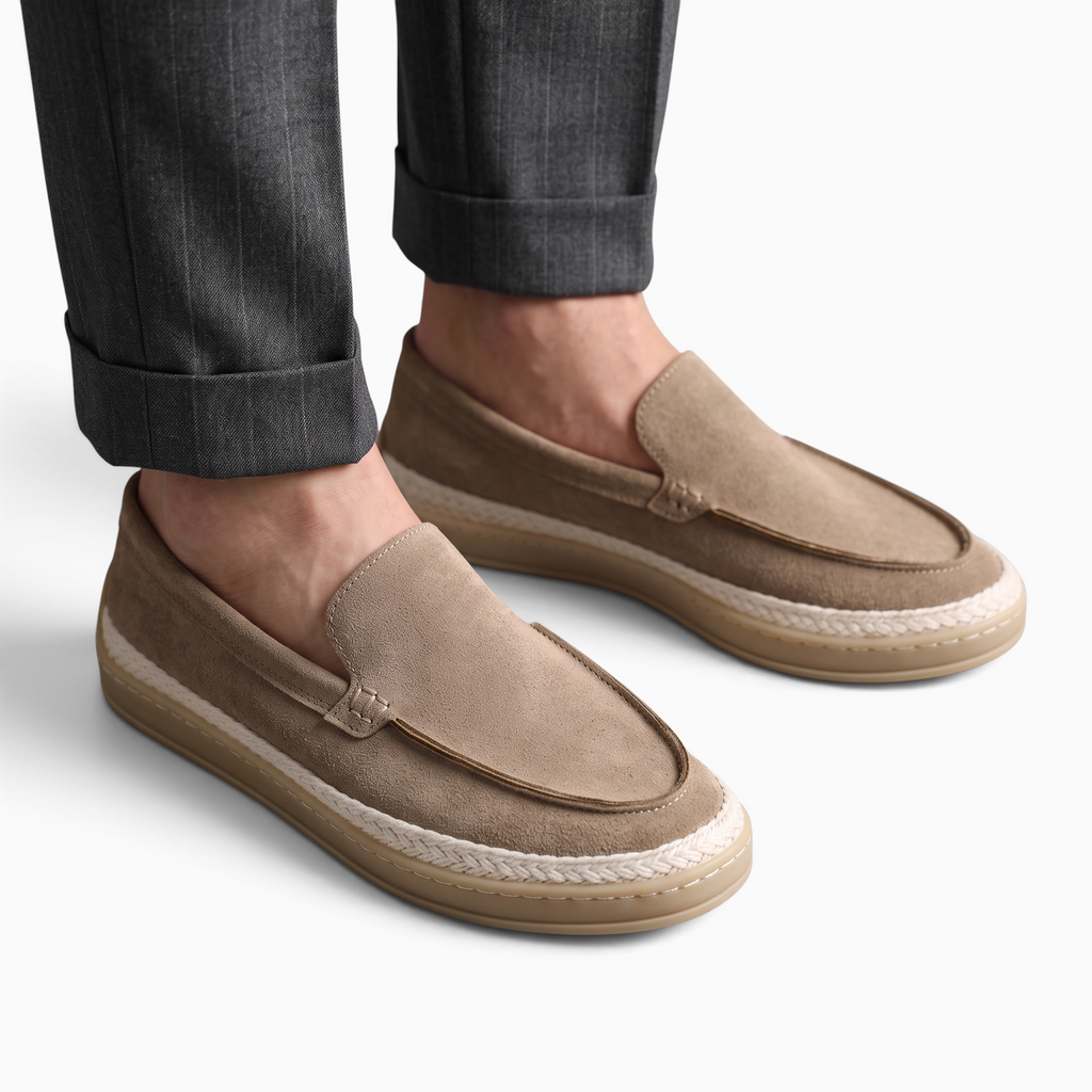 Mocassin Paris homme beige en cuir respirant avec semelle en caoutchouc et détail tressé style décontracté
