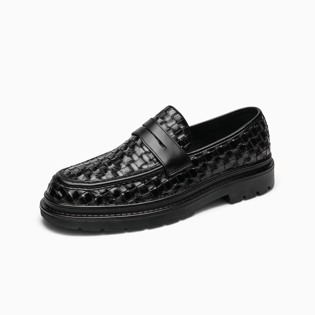 Mocassin Paris homme en cuir noir tressé avec semelle épaisse en caoutchouc pour mariage et tenues habillées