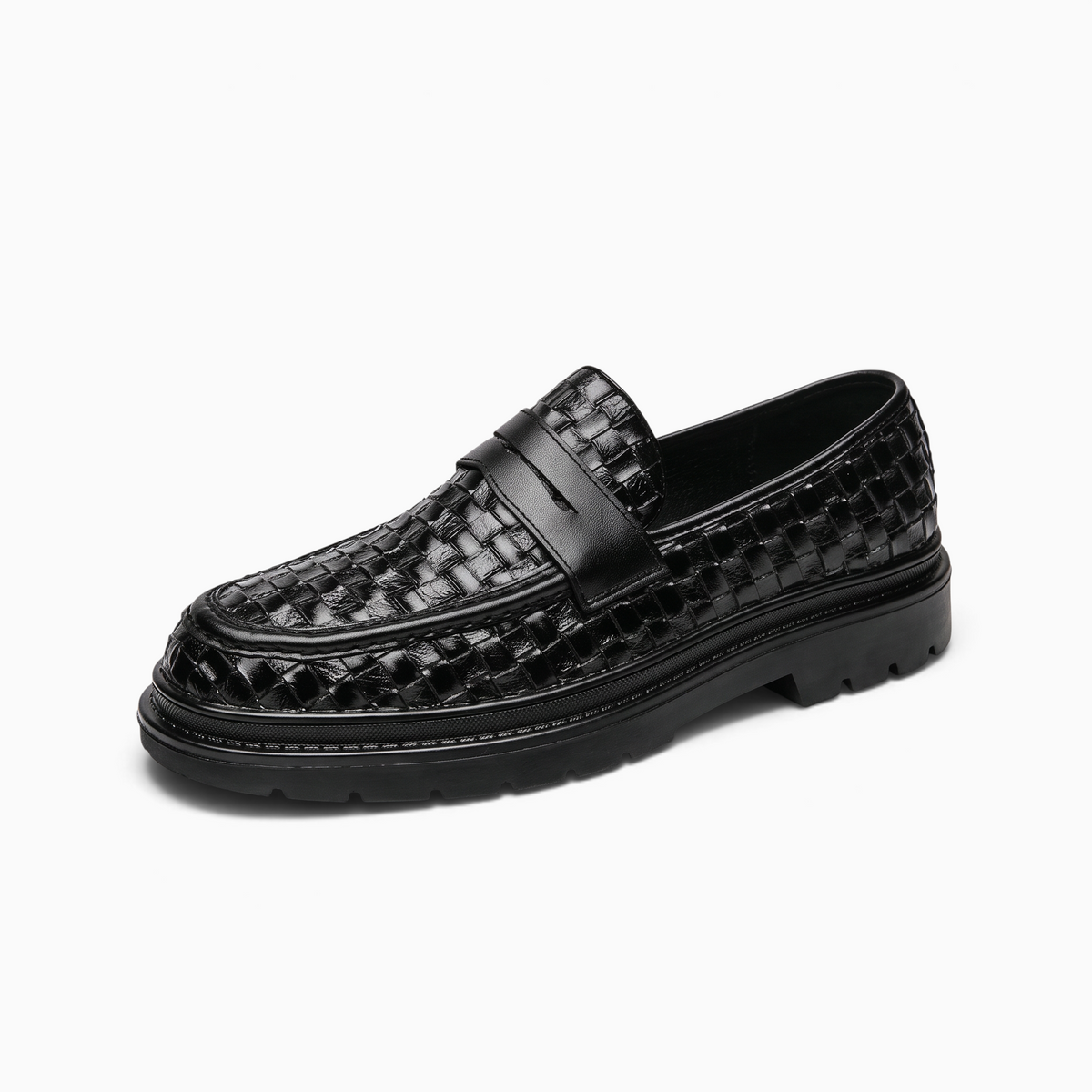 Mocassin Paris homme en cuir noir tressé avec semelle épaisse en caoutchouc pour mariage et tenues habillées