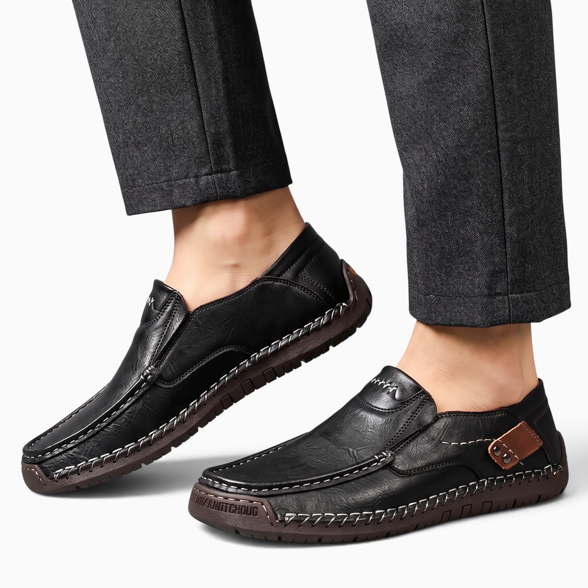 Mocassin homme Mocassin Paris en cuir noir souple avec semelle en caoutchouc et surpiqûres apparentes