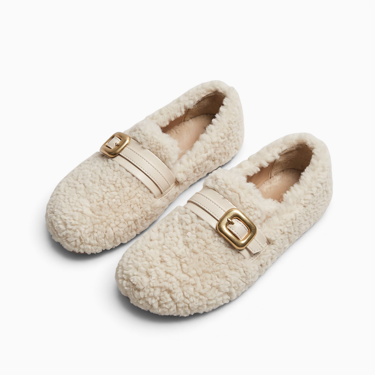 Mocassin Paris mocassin femme fourré beige à plateforme avec boucle dorée et bout carré pour l'hiver