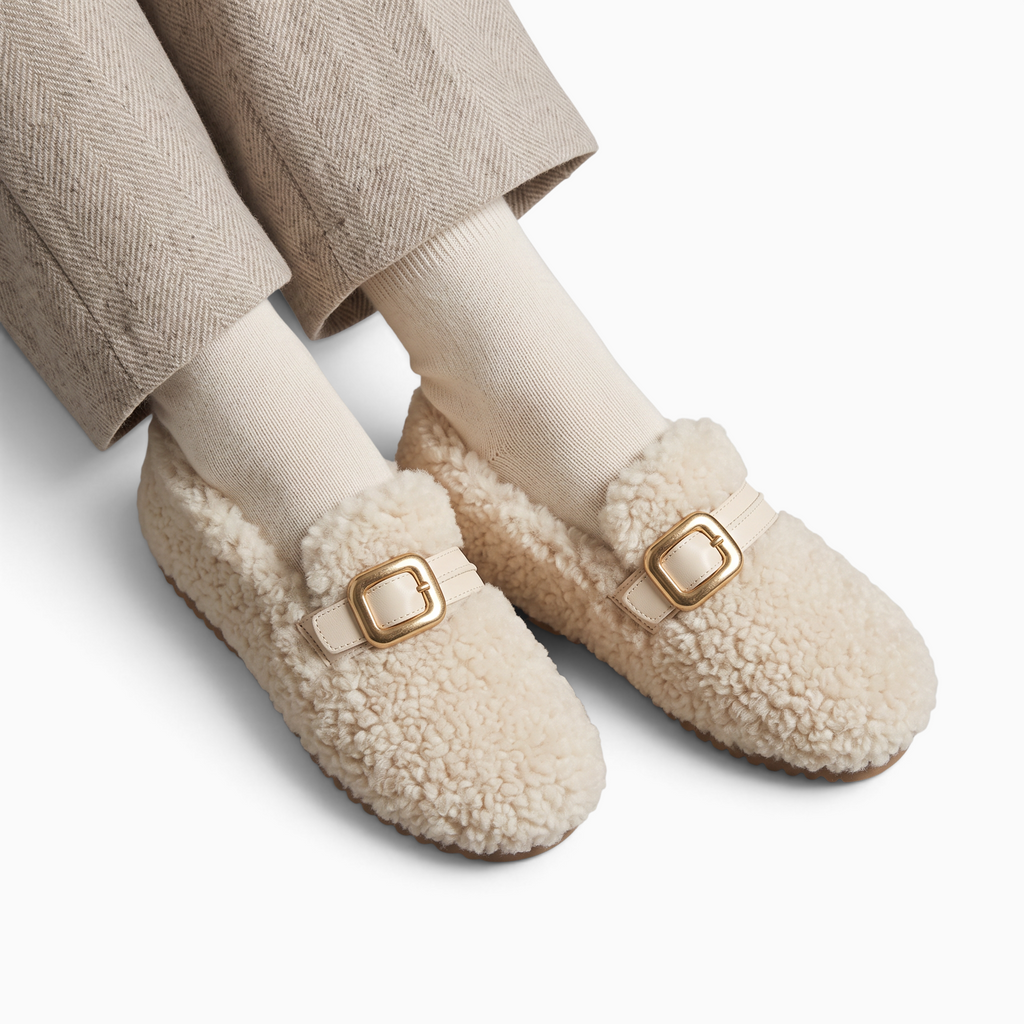 Mocassin Paris femme fourré beige à plateforme avec boucle dorée, porté avec des chaussettes et un pantalon en laine.