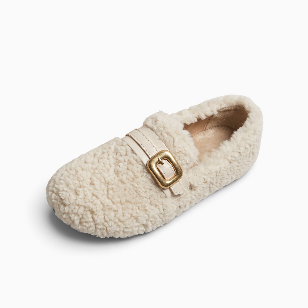 Mocassin femme fourré Mocassin Paris beige avec semelle plateforme, intérieur en peluche et boucle dorée décorative