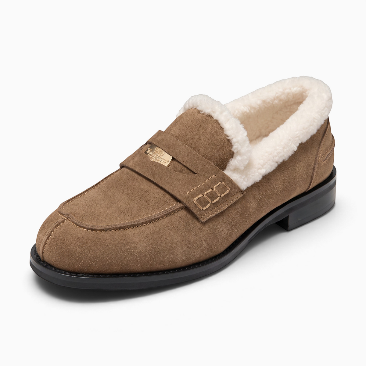 Mocassin femme Mocassin Paris en daim marron avec doublure en laine de mouton blanche et détails dorés