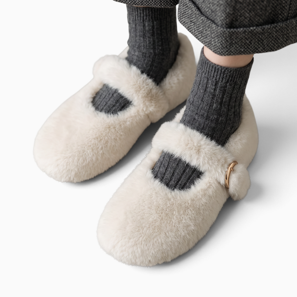 Mocassin Paris femme hiver fourré blanc en fausse fourrure avec bride réglable et bout rond porté avec des chaussettes