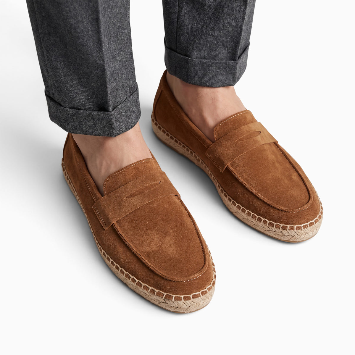 Mocassin Espadrille Homme en Daim Mocassin Paris marron en daim avec semelle en corde style espadrille