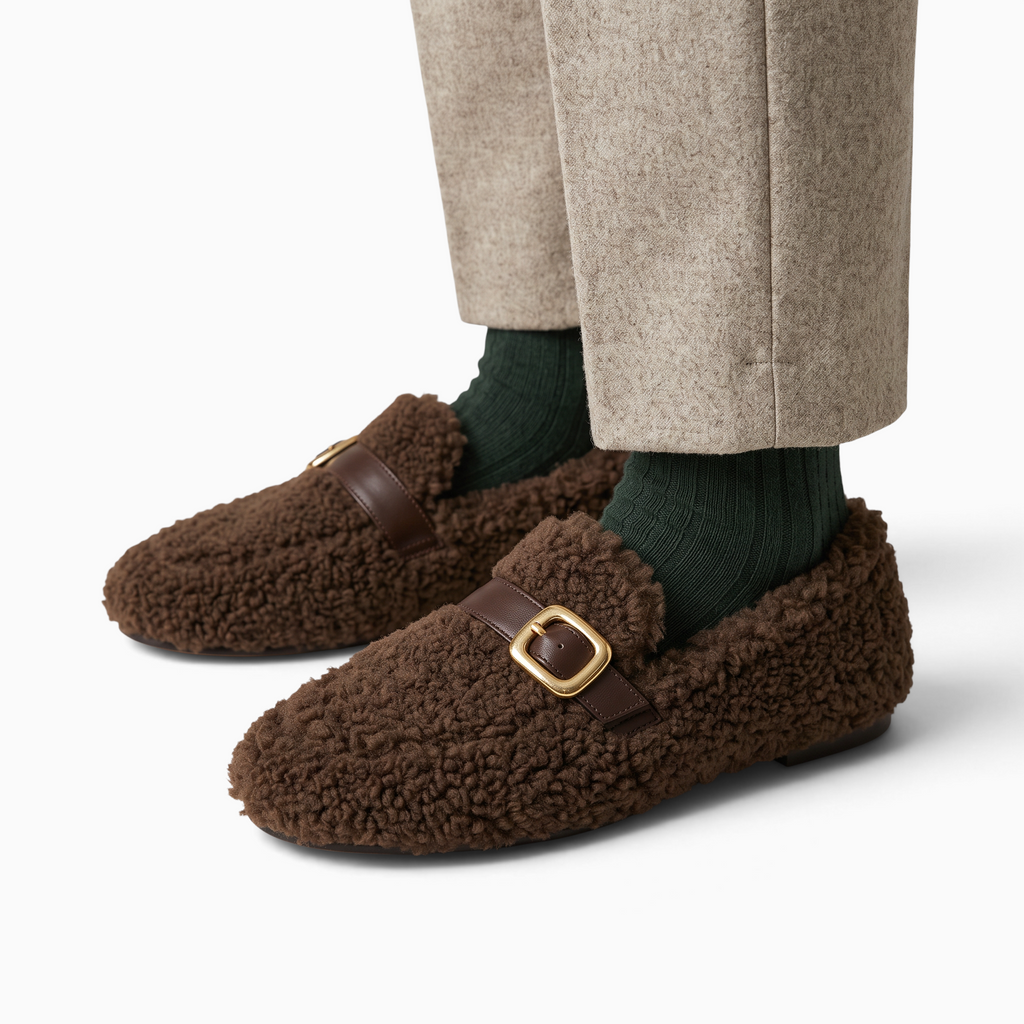 Mocassin Paris marron en fausse fourrure avec boucle dorée et semelle plateforme porté avec un pantalon beige