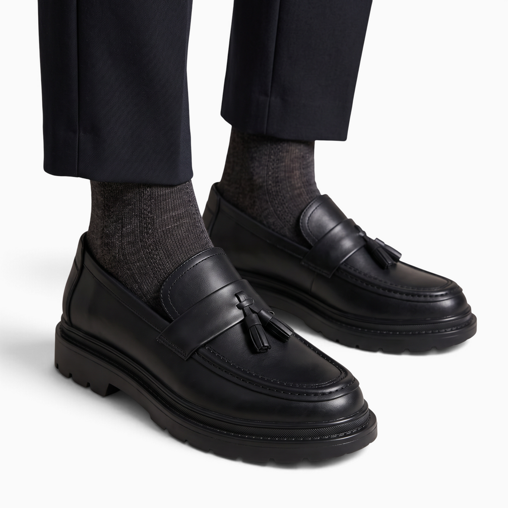 Mocassin Paris homme en cuir noir mat avec glands décoratifs et semelle plateforme crantée portée avec un pantalon