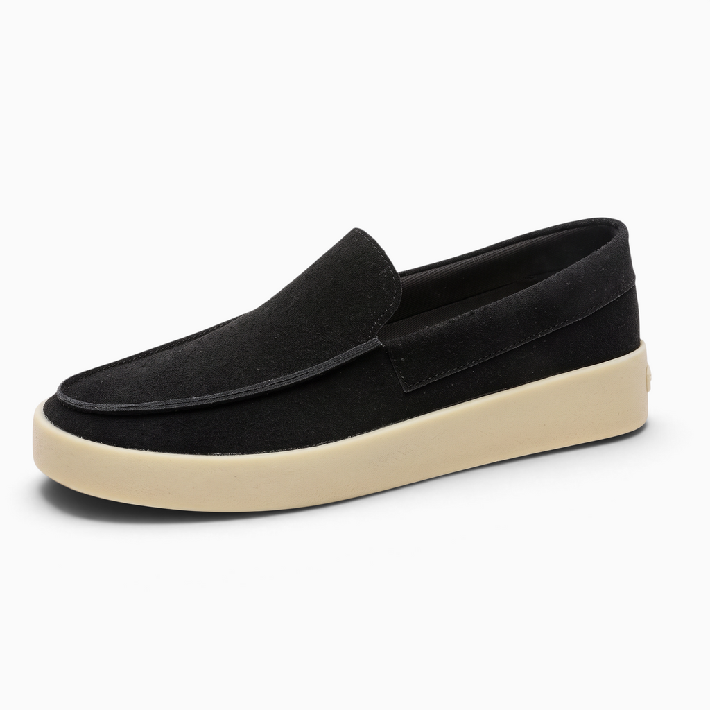 Mocassin homme Mocassin Paris en daim noir avec semelle épaisse en caoutchouc blanc cassé, style décontracté