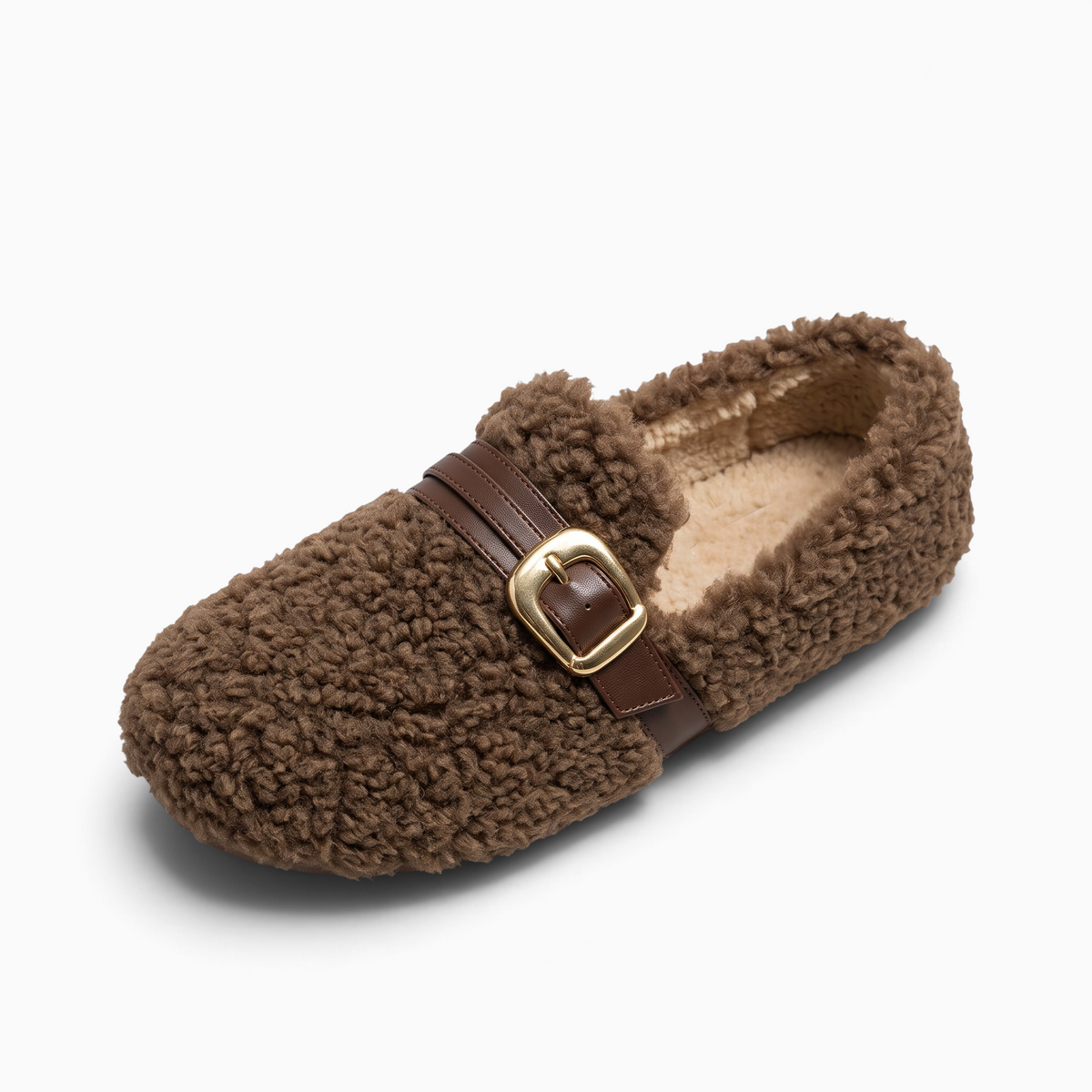 Mocassin femme Mocassin Paris marron en fausse fourrure avec bride à boucle dorée et semelle plateforme