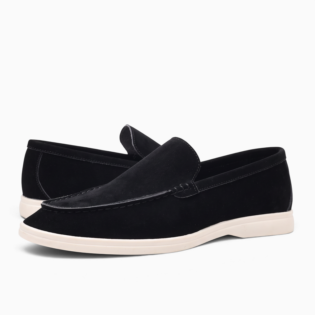 Mocassin Paris, mocassin homme noir en matière synthétique effet daim avec semelle blanche contrastante