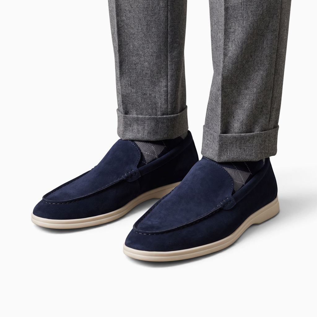Mocassin Paris, mocassin homme bleu marine en matière synthétique effet daim avec semelle en caoutchouc claire