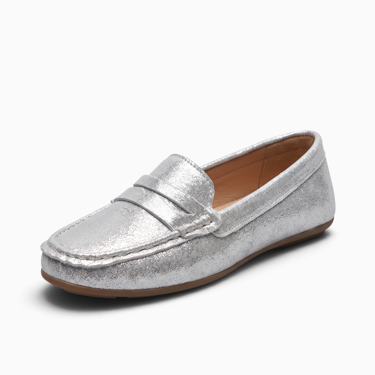 Mocassin femme Mocassin Paris argenté en matière synthétique avec bout rond et semelle plate en caoutchouc