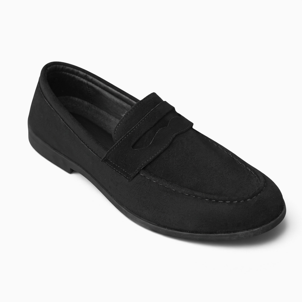 Mocassin Paris homme en daim noir souple avec construction sans lacets et semelle en caoutchouc pour tenue habillée