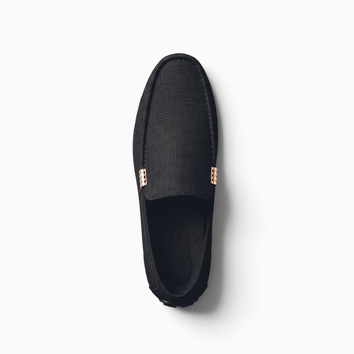 Mocassin Paris homme en tissu noir respirant avec bout rond et détails métalliques, vue de dessus