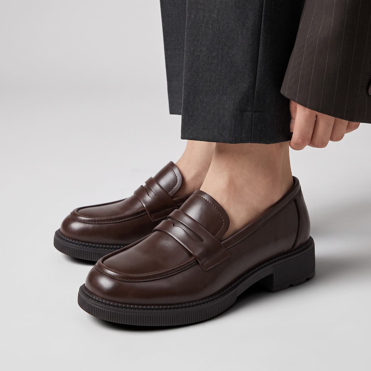 Mocassin Paris femme en cuir marron foncé avec bout rond et semelle épaisse crantée pour un look décontracté