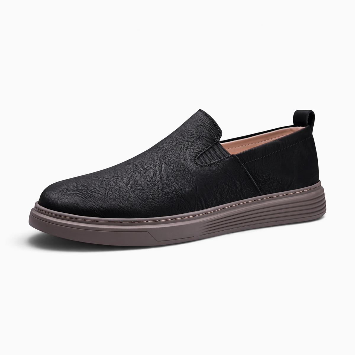 Mocassin Paris homme en cuir noir avec semelle souple en caoutchouc, style décontracté sans lacets