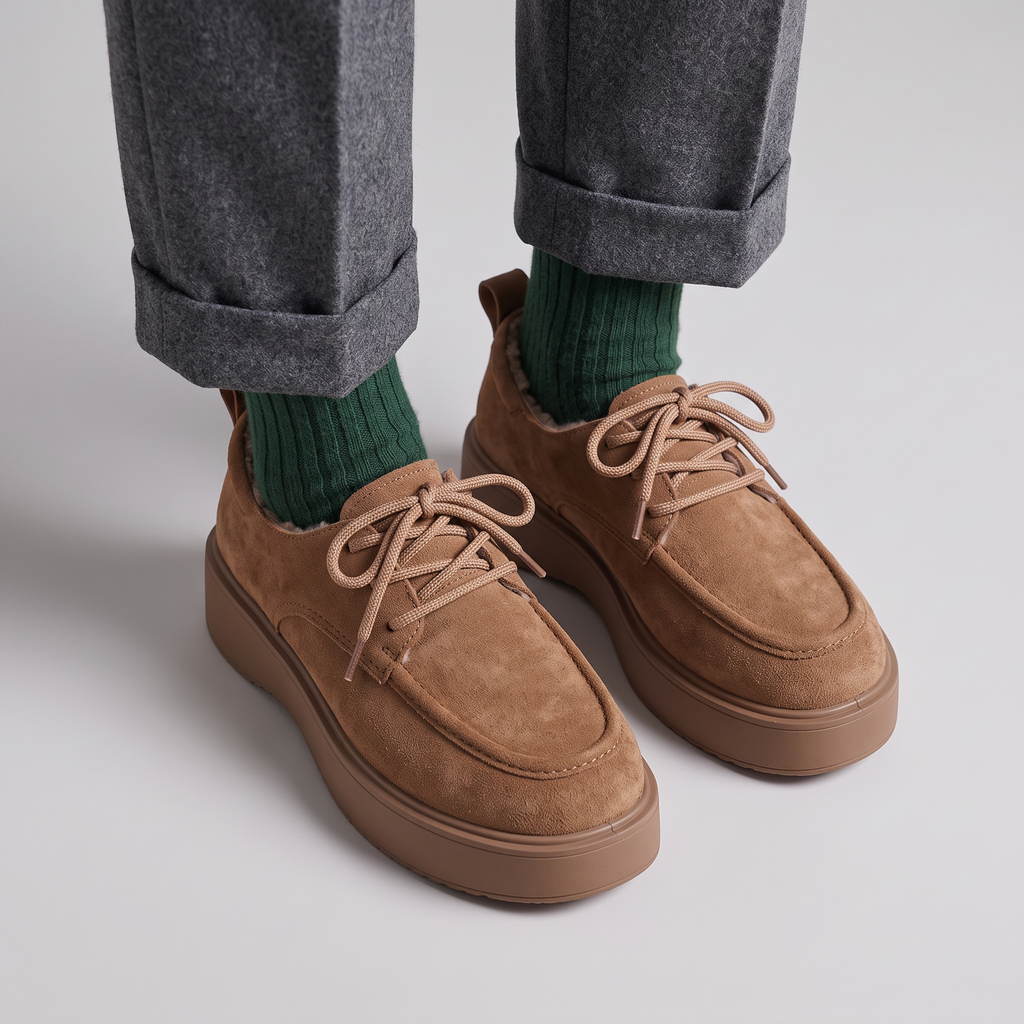 Mocassin Femme Hiver en Suédine Fourrée à Lacets
