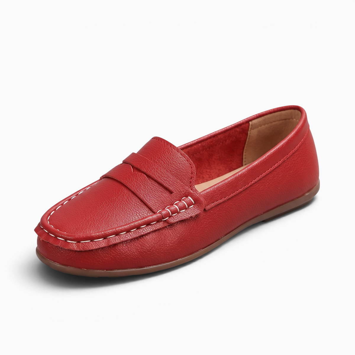 Mocassin femme Mocassin Paris rouge en matière synthétique avec semelle plate et surpiqûres blanches apparentes
