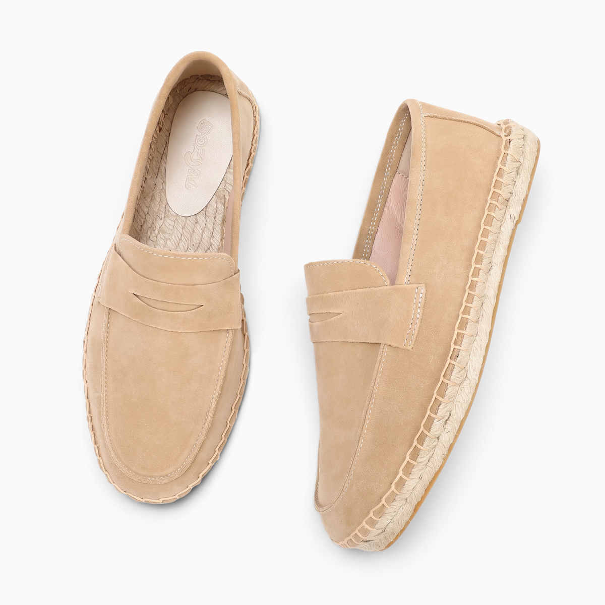 Mocassin Espadrille Homme en Daim beige Mocassin Paris avec tige en cuir suédé et semelle en corde tressée