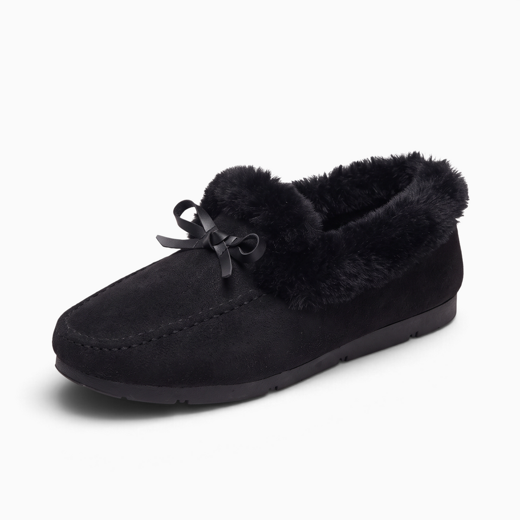 Mocassin femme Mocassin Paris noir en tissu avec doublure polaire chaude et détail de nœud décoratif