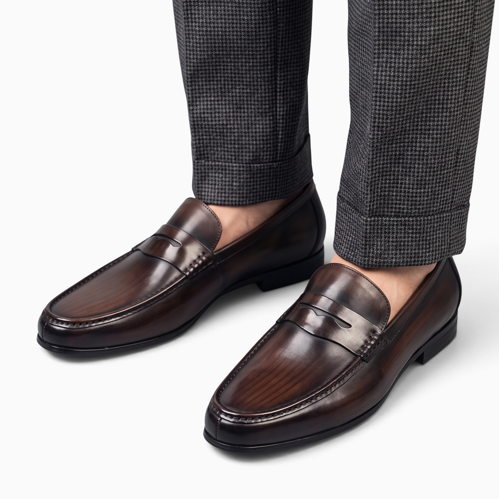 Mocassin Paris, mocassin homme classique en cuir marron patiné porté avec un pantalon de costume gris
