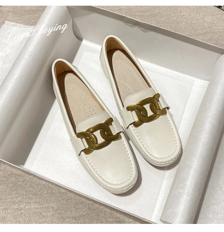 Mocassin Cuir Blanc Femme à Chaîne Dorée