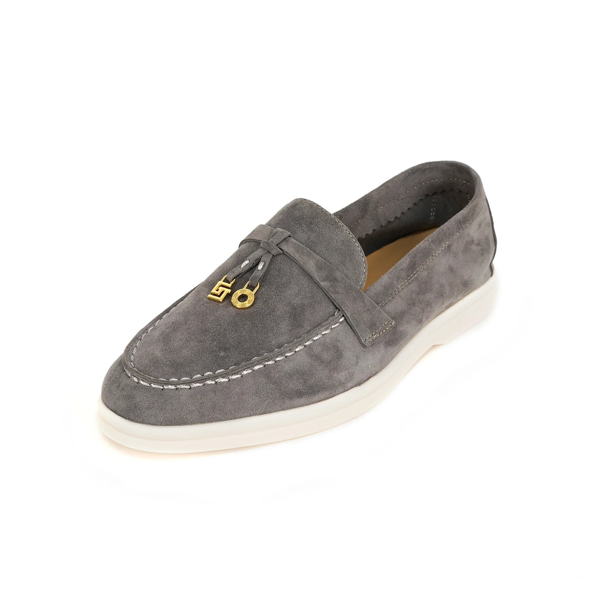 Mocassin Daim Luxe Gris Clair Glands Dorés