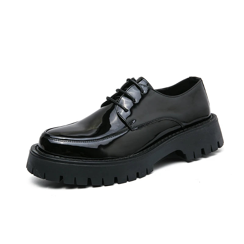 Mocassin Derby Compensé En Cuir Vernis Noir Semelle épaisse À Lacet Pour Homme