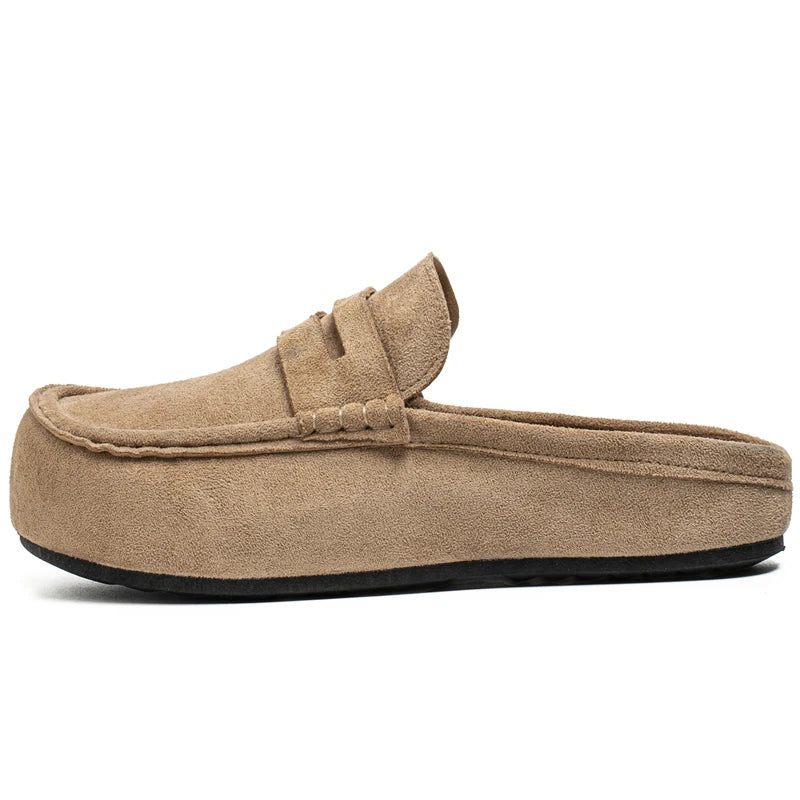Chausson Mocassin Mule Ouvert En Daim Beige