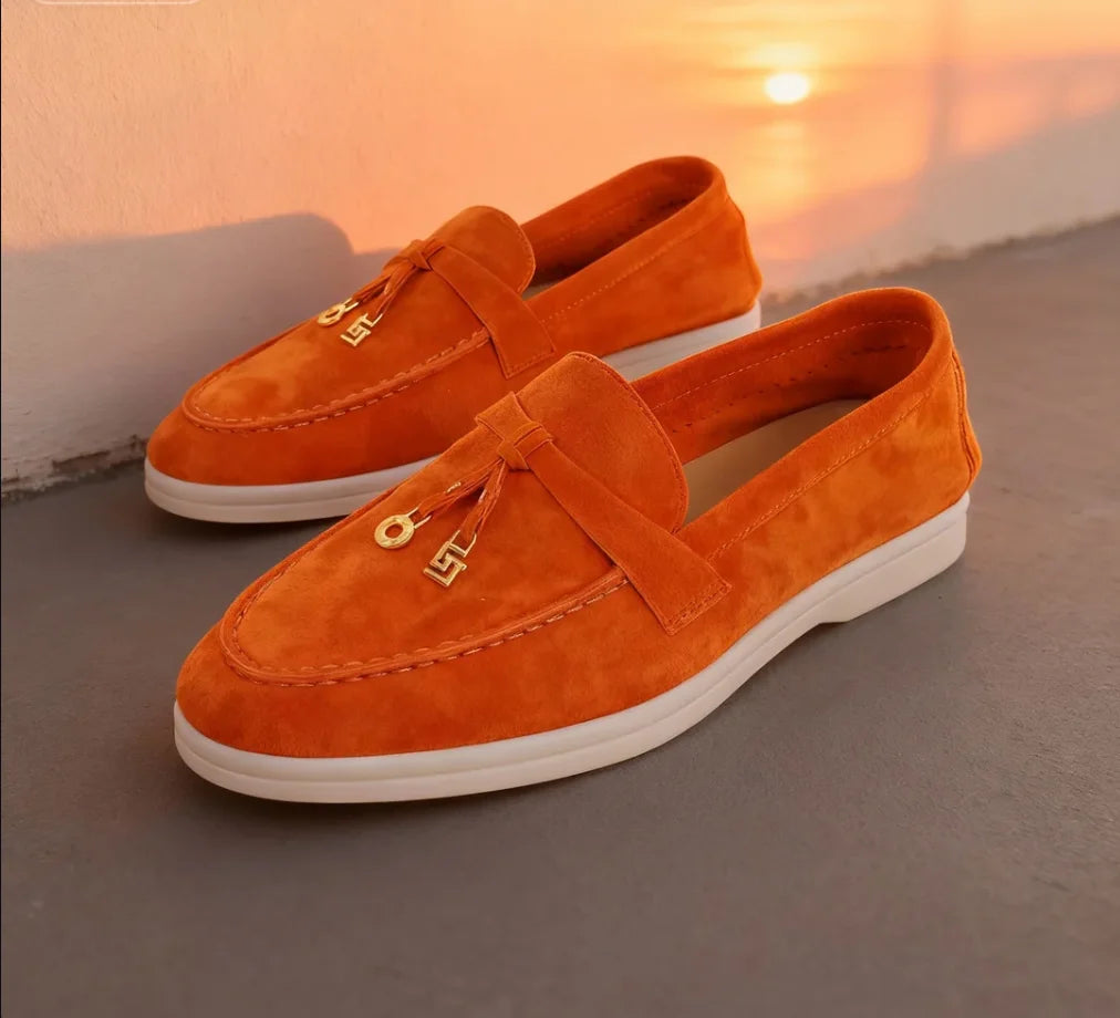 Mocassin Daim Orange Luxe Glands Dorés
