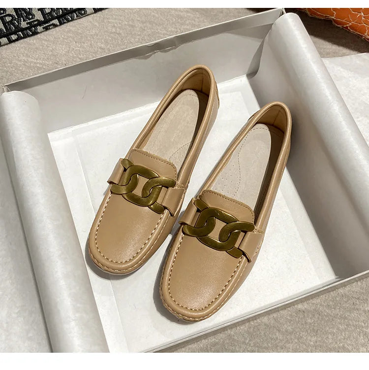 Mocassin Cuir Blanc Femme à Chaîne Dorée