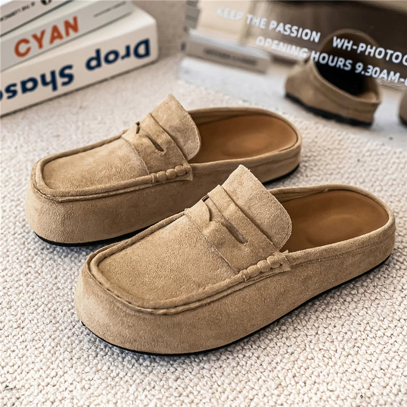 Chausson Mocassin Mule Ouvert En Daim Gris
