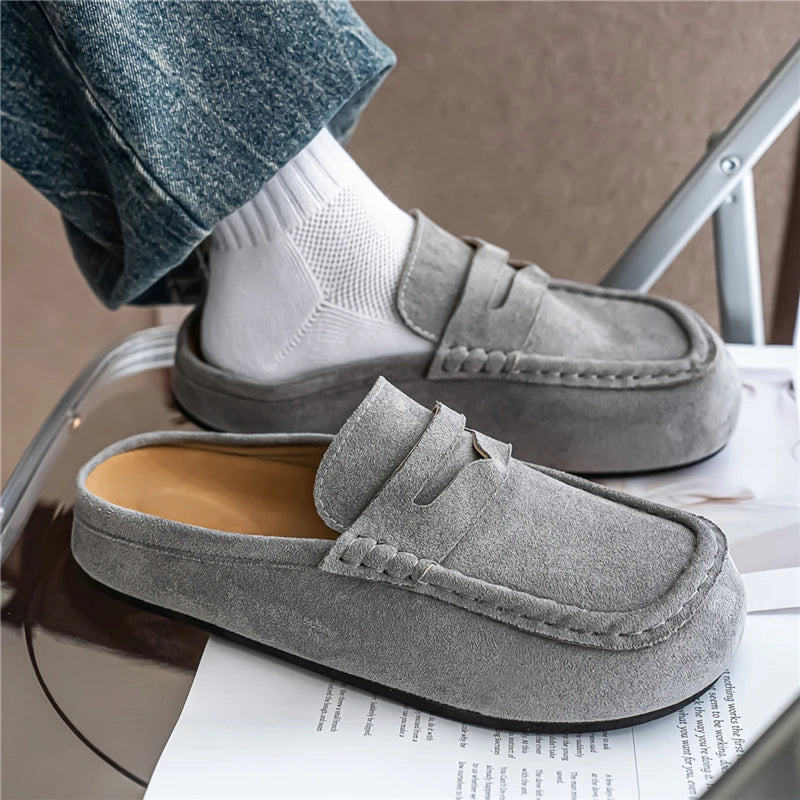 Chausson Mocassin Mule Ouvert En Daim Gris