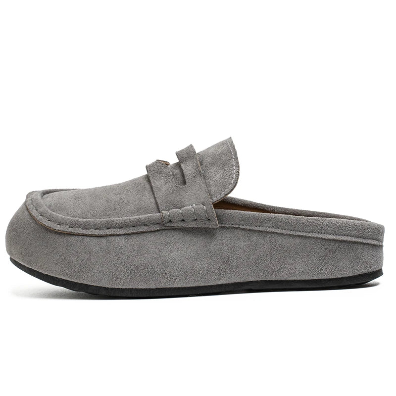 Chausson Mocassin Mule Ouvert En Daim Gris