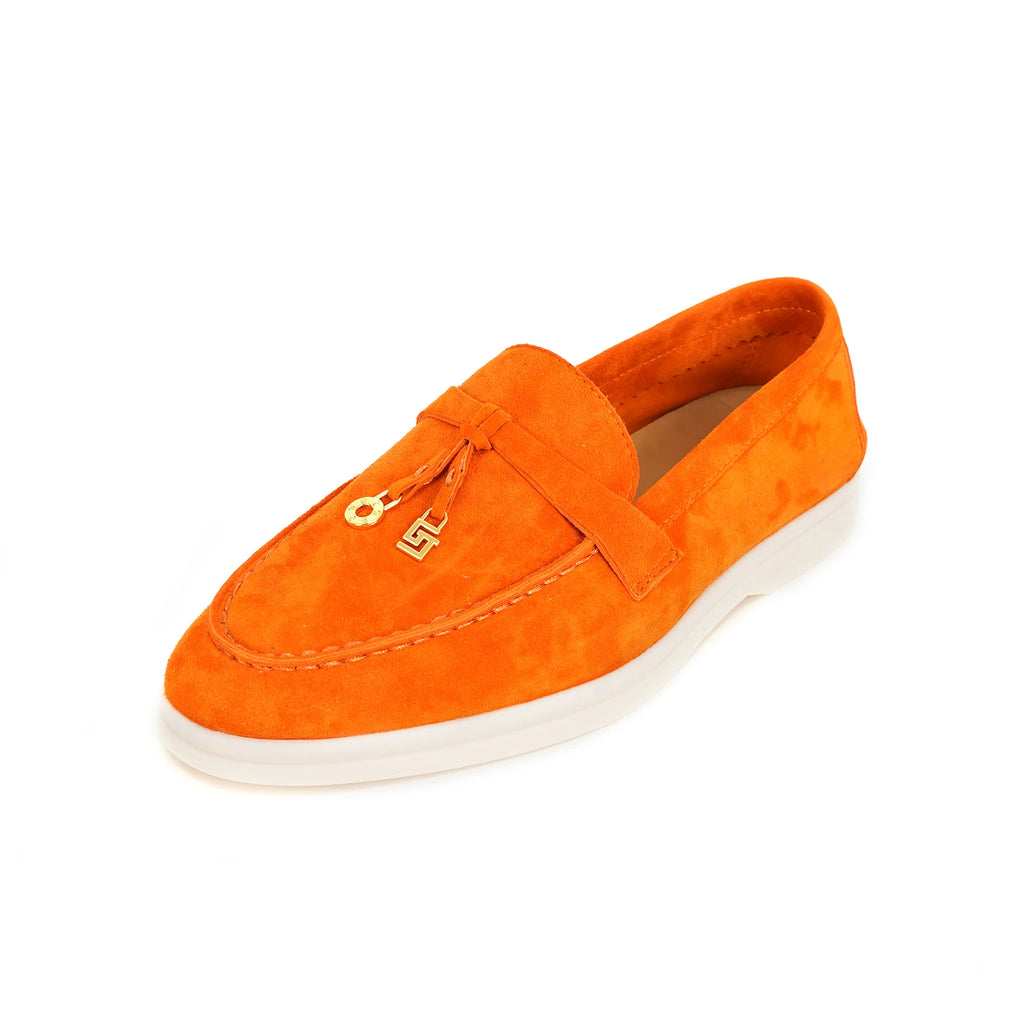 Mocassin Daim Orange Luxe Glands Dorés