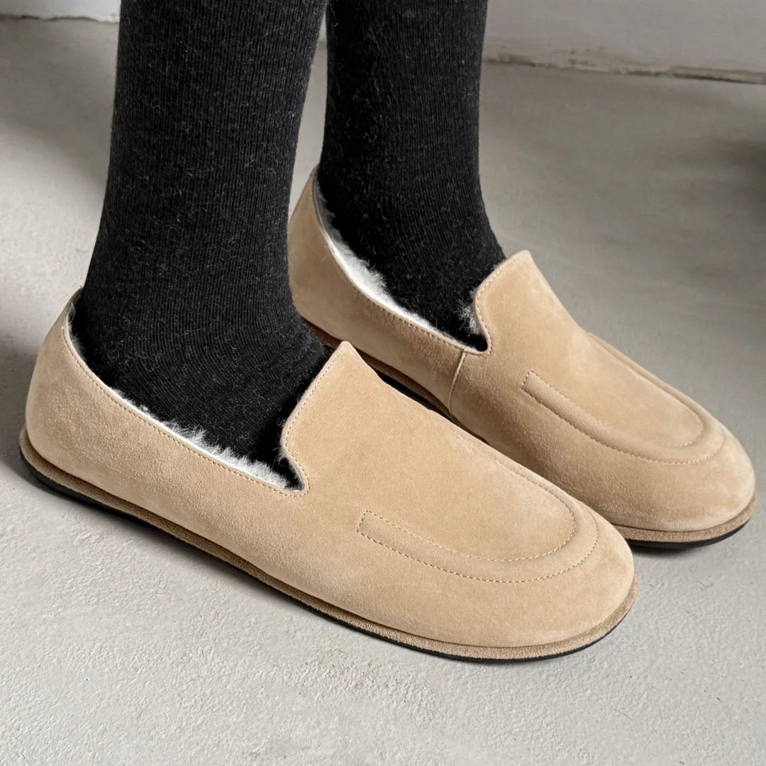 Mocassin Femme Hiver en Daim Fourré Laine de Mouton