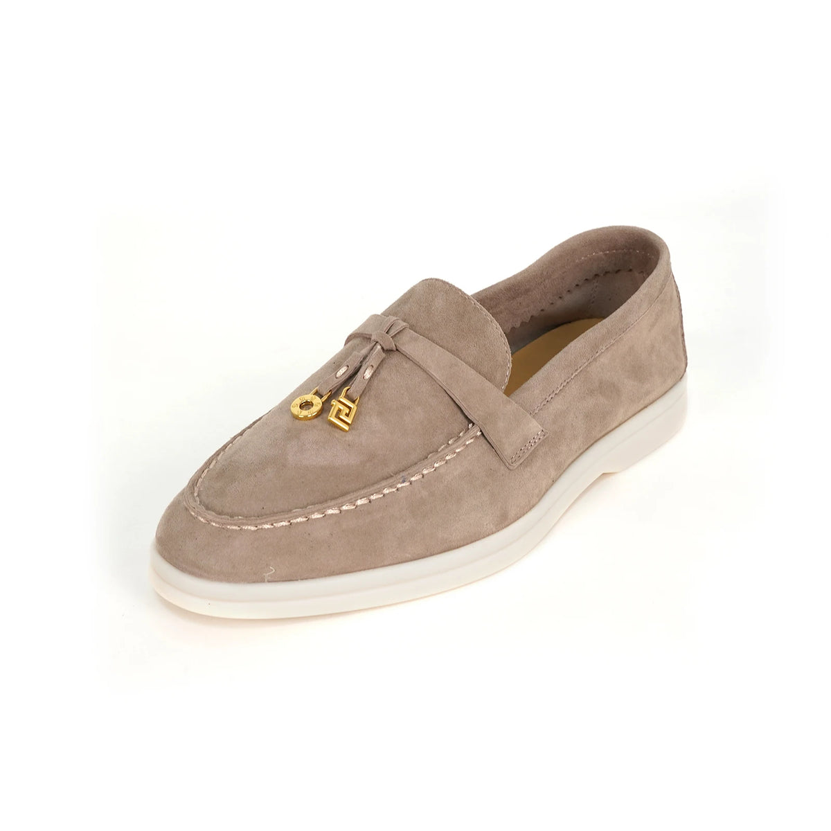 Mocassin Daim Blanc Luxe Glands Dorés