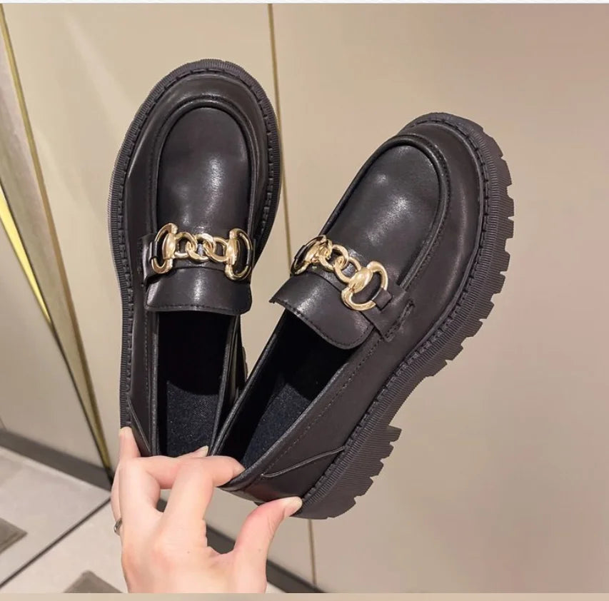 Mocassin Plateforme Femme Noir Chainette Dorée