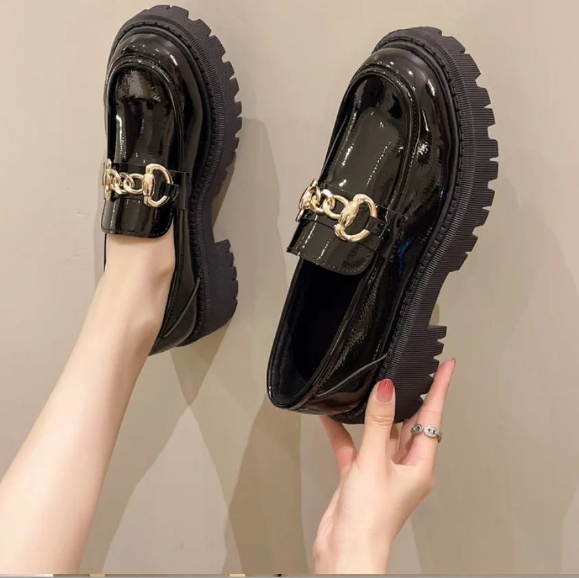 Mocassin Plateforme Femme Noir Chainette Dorée