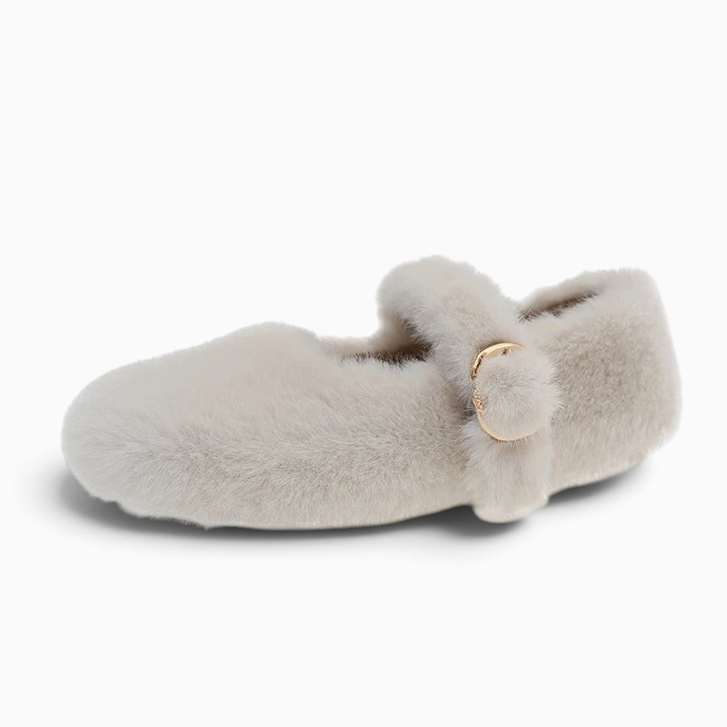 Mocassin Paris femme hiver fourré beige avec bride réglable et finition en peluche douce, vue de profil