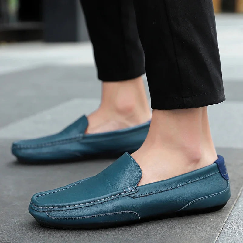Mocassin Homme Cuir Bleu Respirant