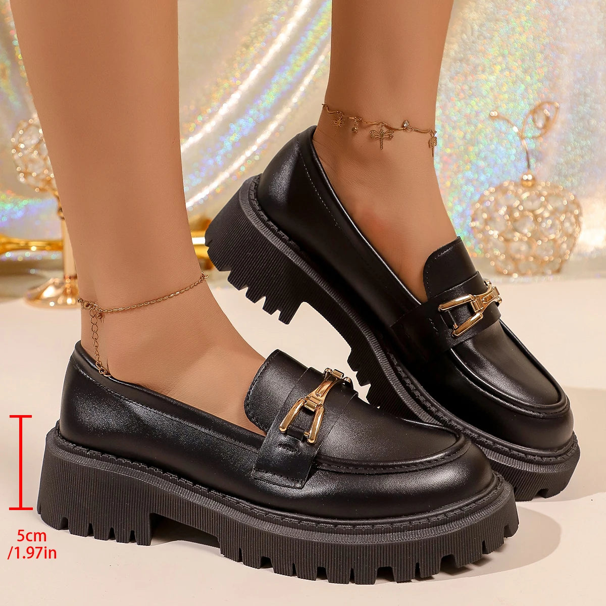 Mocassin Plateforme Femme Vernis Noir Brillant Boucle Dorée