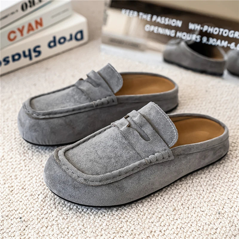 Chausson Mocassin Mule Ouvert En Daim Gris