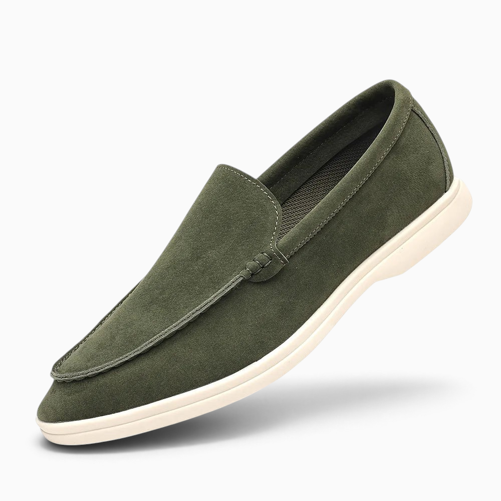 Mocassin homme Mocassin Paris vert olive en matière synthétique effet daim avec semelle blanche contrastante