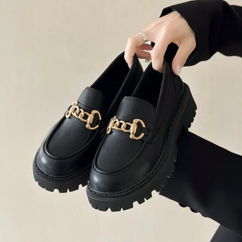 Mocassin Plateforme Femme Noir Chainette Dorée