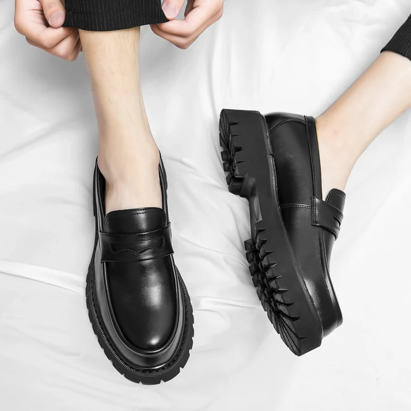 Mocassin Derby Compensé En Cuir Noir Semelle épaisse À Lacet Pour Homme