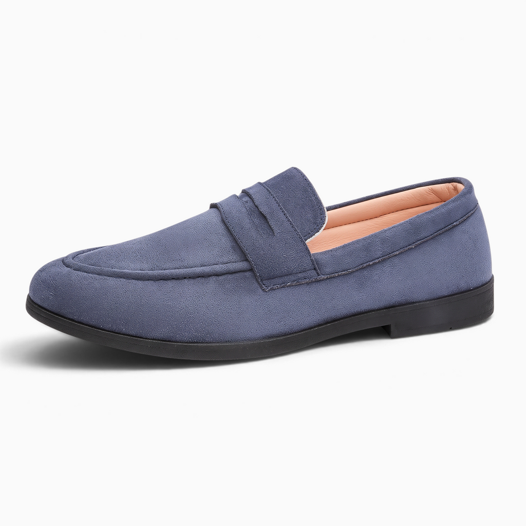 Mocassin Paris homme en daim bleu avec semelle noire, style élégant sans lacets pour cérémonies et tenues de ville